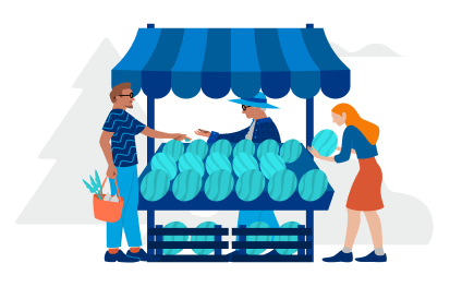 Illustration of three people standing at a market stall